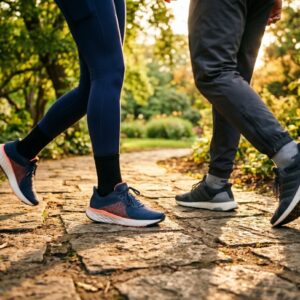 Two people walking joyfully on a park path.